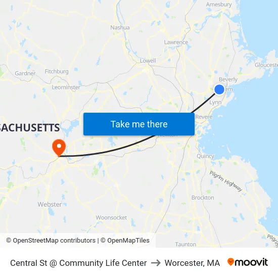 Central St @ Community Life Center to Worcester, MA map