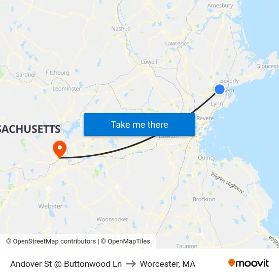 Andover St @ Buttonwood Ln to Worcester, MA map