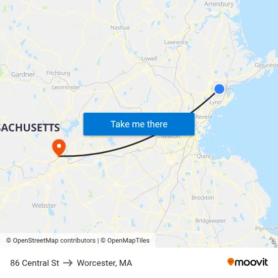 86 Central St to Worcester, MA map