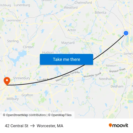 42 Central St to Worcester, MA map