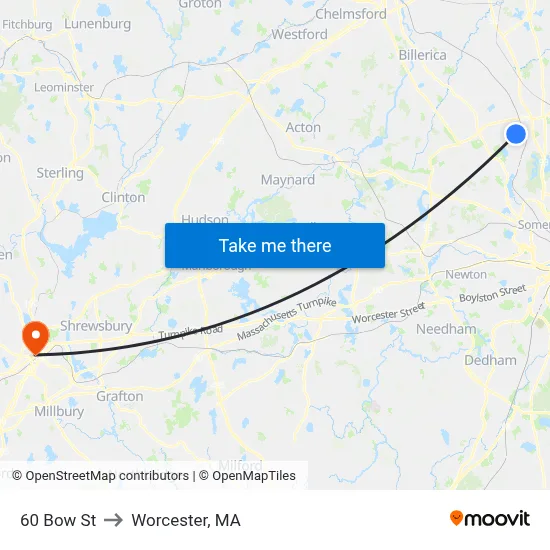 60 Bow St to Worcester, MA map