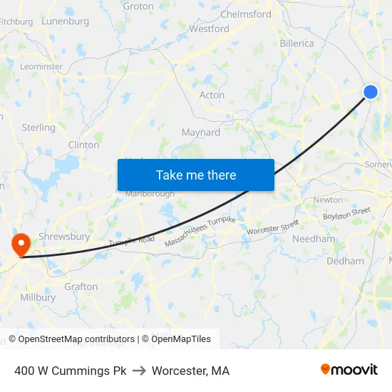 400 W Cummings Pk to Worcester, MA map