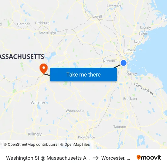 Washington St @ Massachusetts Ave to Worcester, MA map