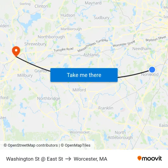 Washington St @ East St to Worcester, MA map