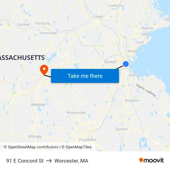 91 E Concord St to Worcester, MA map