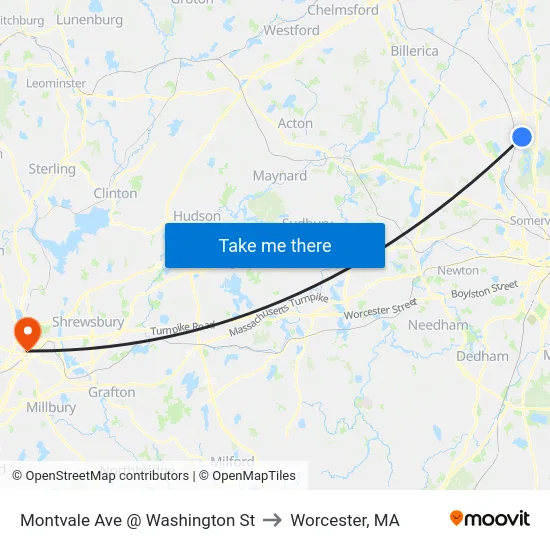 Montvale Ave @ Washington St to Worcester, MA map