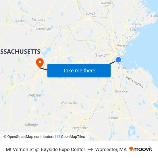 Mt Vernon St @ Bayside Expo Center to Worcester, MA map