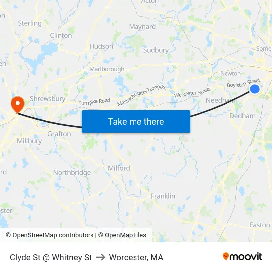 Clyde St @ Whitney St to Worcester, MA map