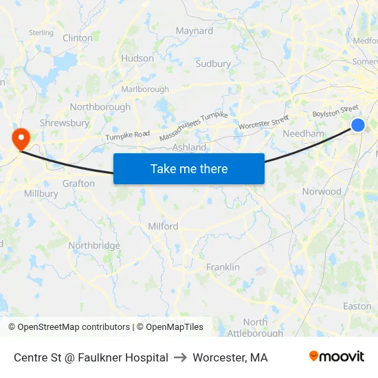 Centre St @ Faulkner Hospital to Worcester, MA map