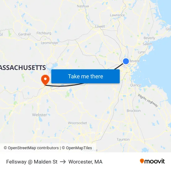 Fellsway @ Malden St to Worcester, MA map