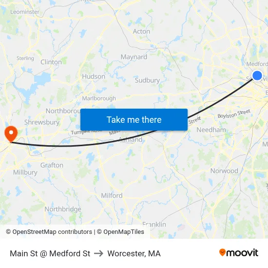 Main St @ Medford St to Worcester, MA map