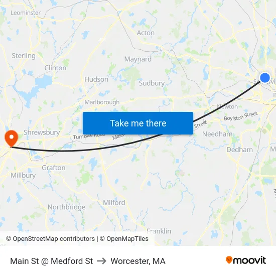 Main St @ Medford St to Worcester, MA map