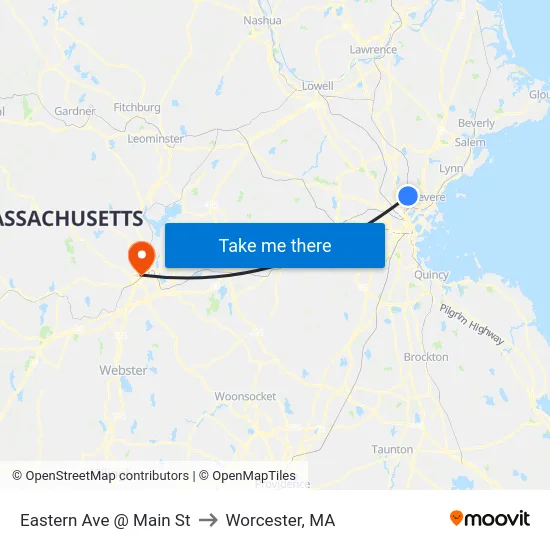 Eastern Ave @ Main St to Worcester, MA map
