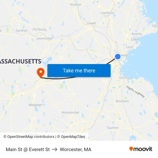 Main St @ Everett St to Worcester, MA map