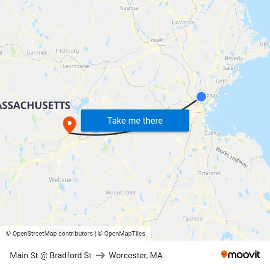 Main St @ Bradford St to Worcester, MA map