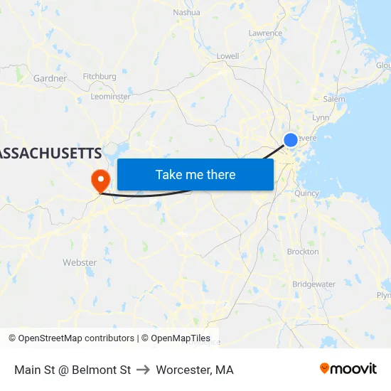 Main St @ Belmont St to Worcester, MA map