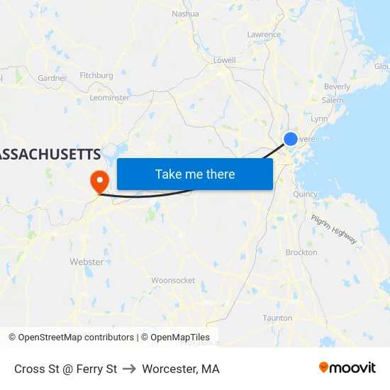 Cross St @ Ferry St to Worcester, MA map