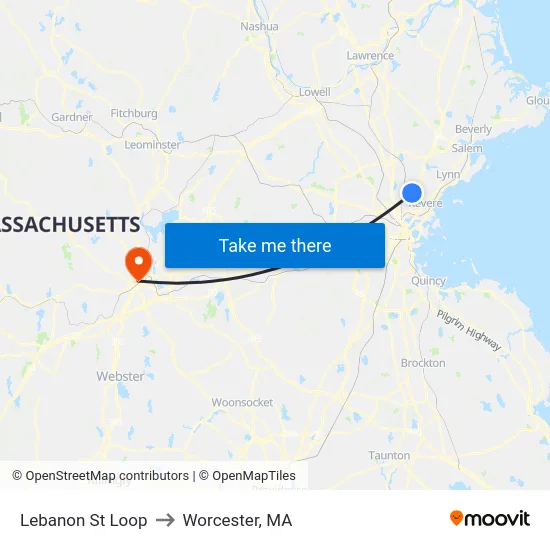 Lebanon St Loop to Worcester, MA map