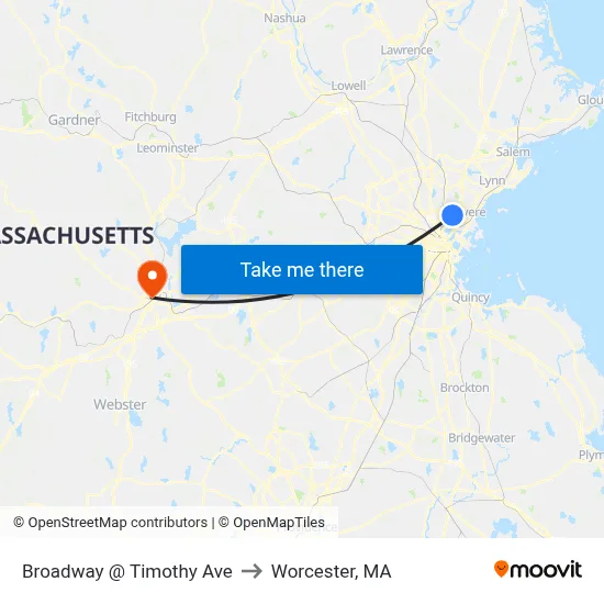 Broadway @ Timothy Ave to Worcester, MA map
