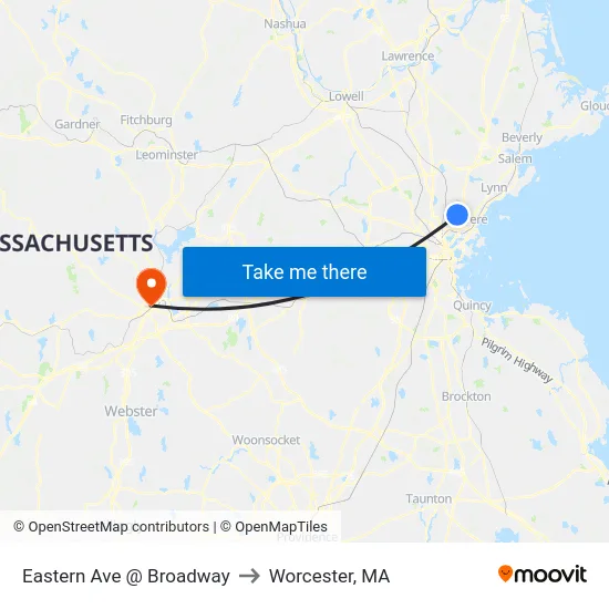 Eastern Ave @ Broadway to Worcester, MA map
