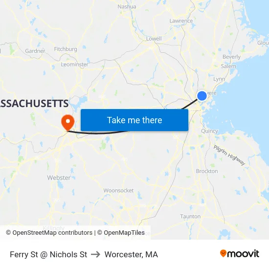 Ferry St @ Nichols St to Worcester, MA map