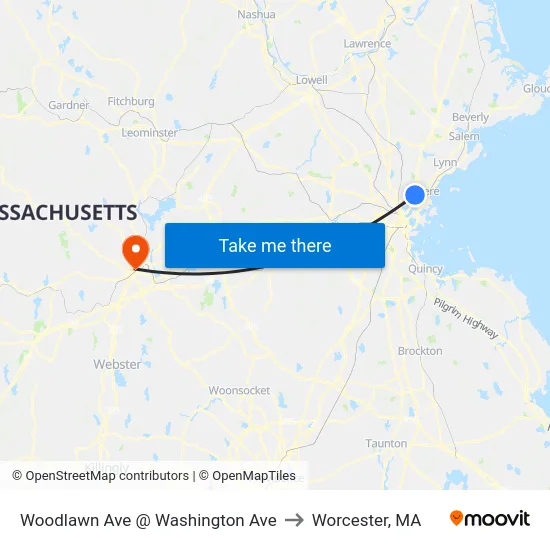 Woodlawn Ave @ Washington Ave to Worcester, MA map