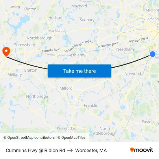 Cummins Hwy @ Ridlon Rd to Worcester, MA map