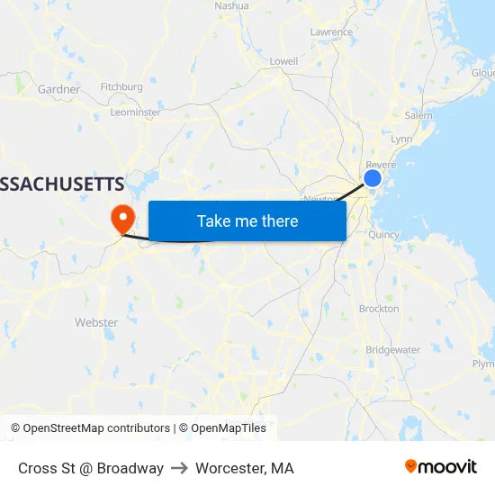Cross St @ Broadway to Worcester, MA map