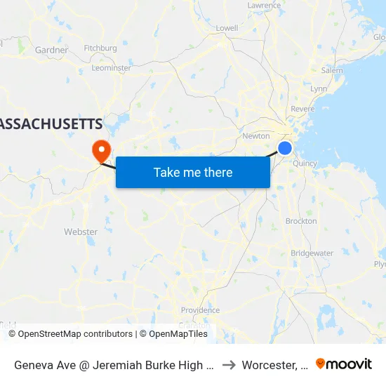 Geneva Ave @ Jeremiah Burke High School to Worcester, MA map