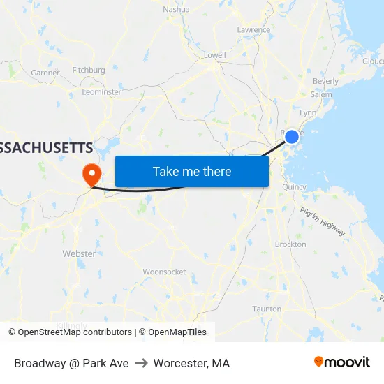 Broadway @ Park Ave to Worcester, MA map
