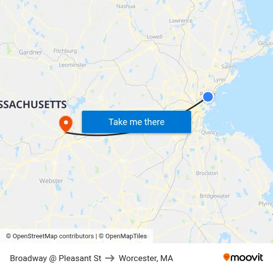 Broadway @ Pleasant St to Worcester, MA map