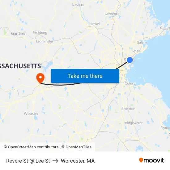 Revere St @ Lee St to Worcester, MA map