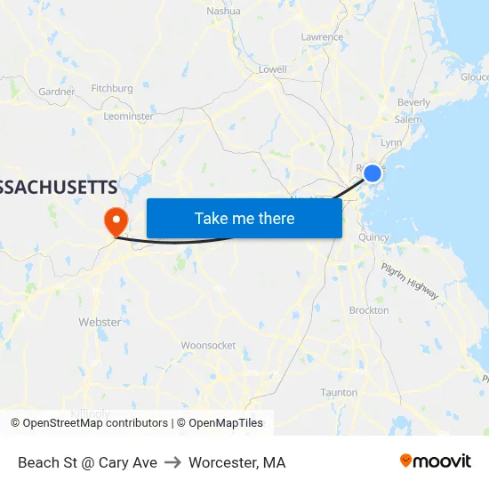 Beach St @ Cary Ave to Worcester, MA map