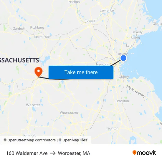 160 Waldemar Ave to Worcester, MA map
