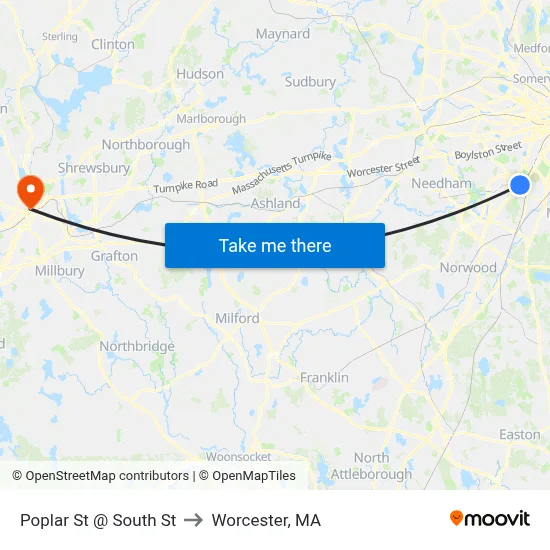 Poplar St @ South St to Worcester, MA map