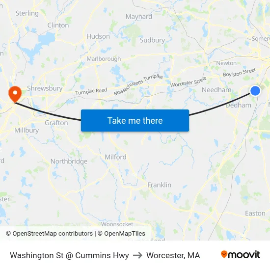 Washington St @ Cummins Hwy to Worcester, MA map