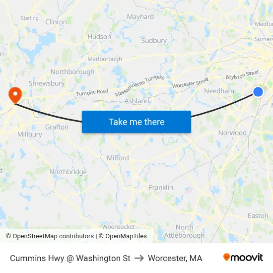 Cummins Hwy @ Washington St to Worcester, MA map