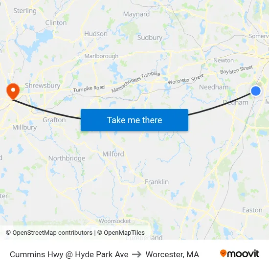 Cummins Hwy @ Hyde Park Ave to Worcester, MA map
