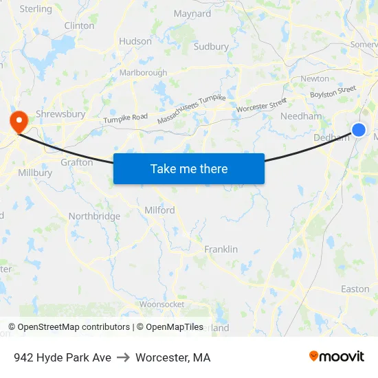 942 Hyde Park Ave to Worcester, MA map