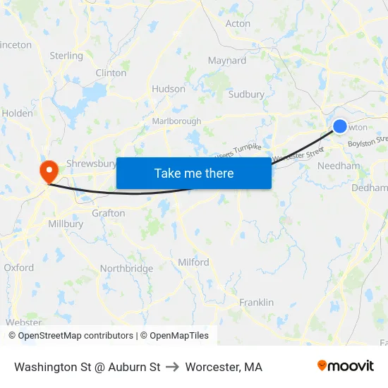 Washington St @ Auburn St to Worcester, MA map