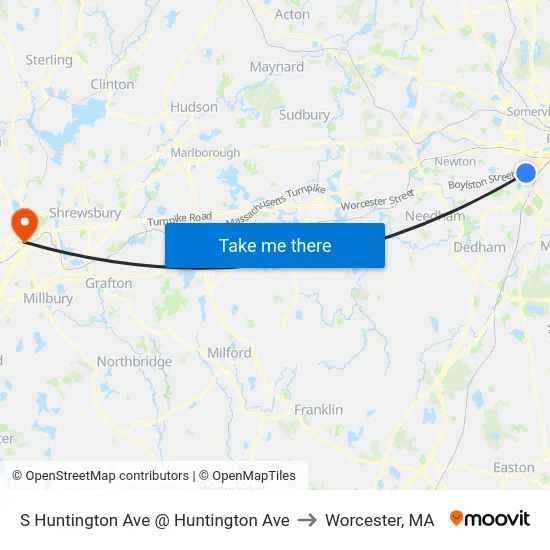 S Huntington Ave @ Huntington Ave to Worcester, MA map