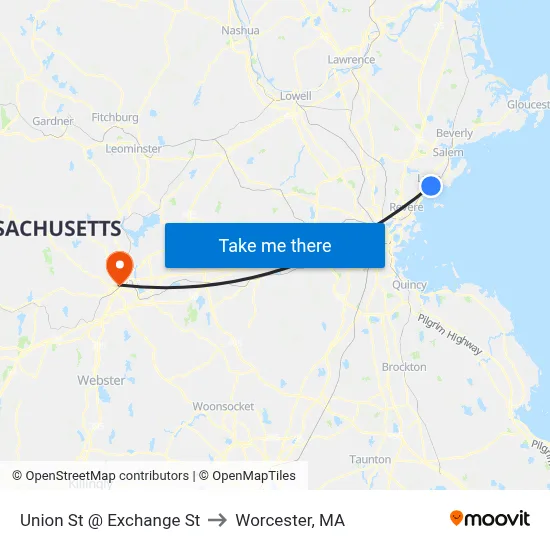 Union St @ Exchange St to Worcester, MA map