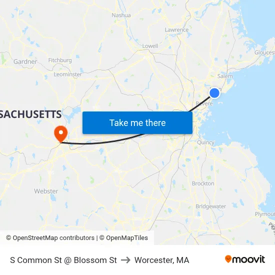 S Common St @ Blossom St to Worcester, MA map