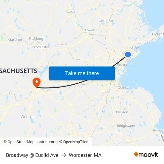 Broadway @ Euclid Ave to Worcester, MA map