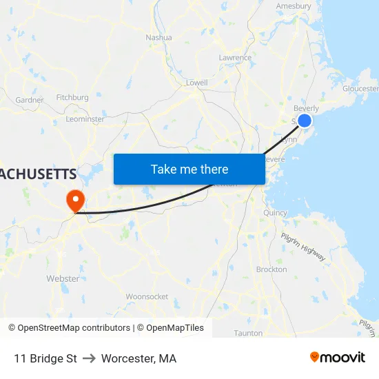 11 Bridge St to Worcester, MA map