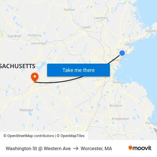 Washington St @ Western Ave to Worcester, MA map