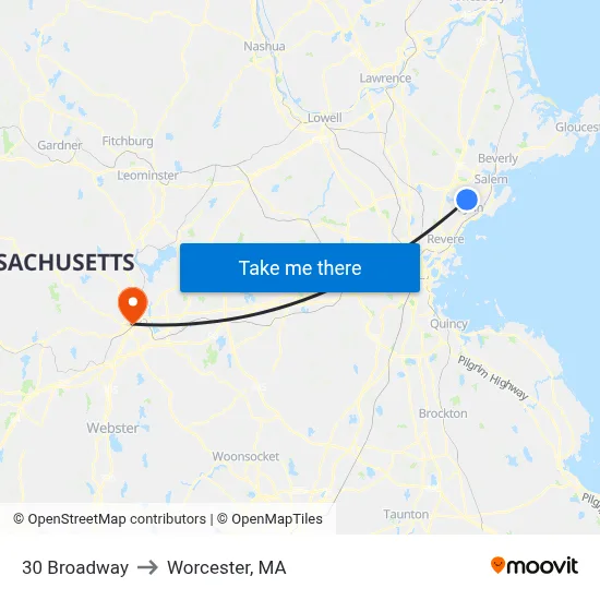 30 Broadway to Worcester, MA map