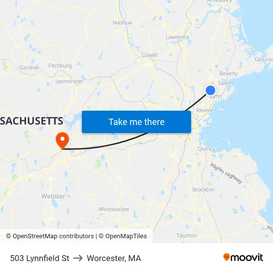 503 Lynnfield St to Worcester, MA map