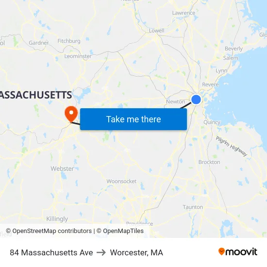 84 Massachusetts Ave to Worcester, MA map