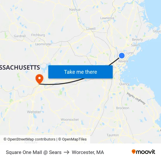 Square One Mall @ Sears to Worcester, MA map